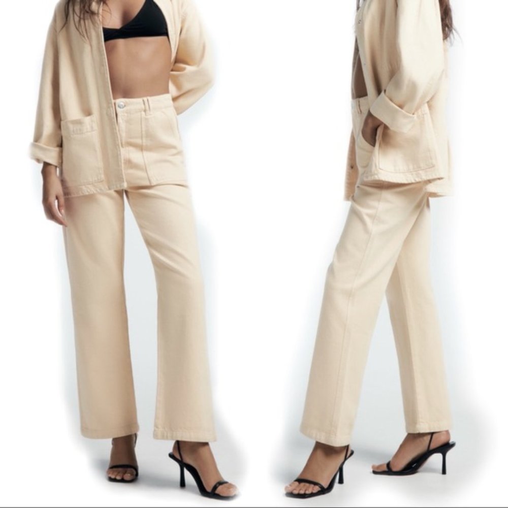 Zara Cream High Waist Wide Leg Pants/Jeans